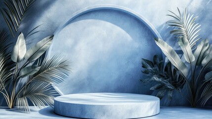 Aufkleber - 3D render of an abstract podium display featuring tropical leaves and a blue pastel plant scene ideal for product promotion and advertising set against a natural blue pastel backdrop
