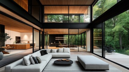 Canvas Print - Modern spacious living room with large glass windows overlooking a lush forest, featuring minimalist furniture and open plan kitchen and dining area.