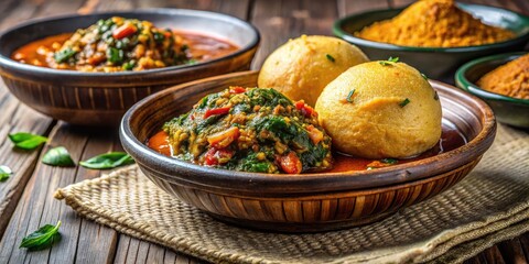 Traditional Nigerian Eba Served with Rich Egusi Soup in a Rustic Bowl on a Wooden Table Setting