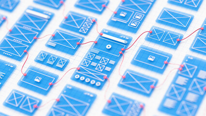Aufkleber - UX UI flowchart connection node graphic designer creative planning application process development data prototype wireframe for web mobile icon phone . User experience concept. 3d rendering.
