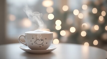 Aufkleber - A cup of hot coffee with steam stands on a white table in a festively decorated cafe. : Generative AI
