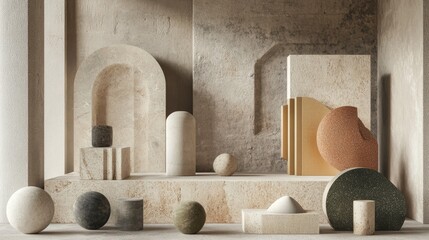 Aufkleber - 3D render of an abstract background featuring various primitive geometric shapes Empty display scene with a podium for showcasing products