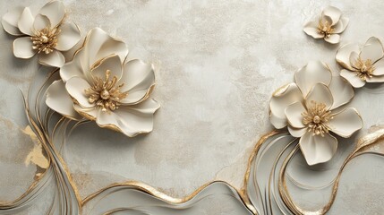 Poster - 3D printable wallpaper mural featuring an abstract design with gold flowers and textured background ideal for luxurious wall decor