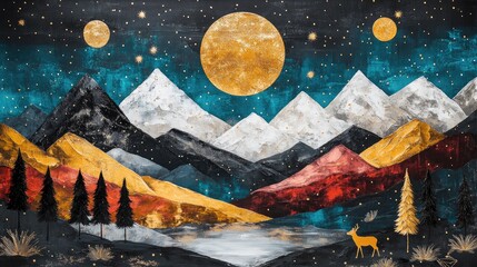 Aufkleber - 3D modern canvas art mural featuring a moonlit landscape black trees golden deer and colorful mountains perfect for wall decoration