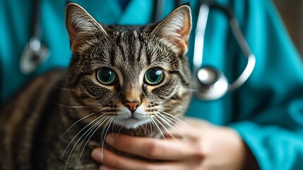 Poster - Closeup of the hands of a veterinarian listening with a phonedoscope to a cat at a reception in a veterinary clinic Animal care concept : Generative AI