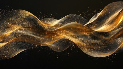 Poster - 3D golden wave flow lines and shimmering glitter on a dark backdrop Elegant wavy golden patterns radiate with sprays and sparkles creating a contemporary decorative liquid design