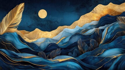 Poster - 3D modern art mural featuring a dark blue backdrop embellished with golden feathers and vibrant marbled mountains ideal for home wall decor