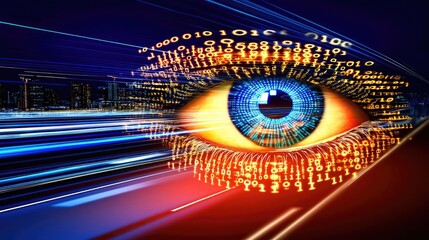 Poster - A glowing digital eye embedded in a futuristic tunnel of light and code, representing technological progress and data analysis.
