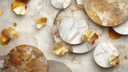 Poster - 3D mural wallpaper featuring geometric circles and marble shapes in gold white and brown accented with golden ginkgo leaves Ideal for modern bedroom wall and carpet decor