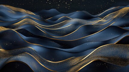 Poster - 3D dark mural wallpaper featuring golden wavy lines and blue mountains for stylish wall decoration
