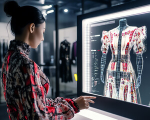 Woman interacting with a digital display showcasing a virtual dress design.