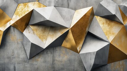 Poster - 3D geometric mural artwork featuring decorative triangles in gold and gray fabric design for modern wallpaper