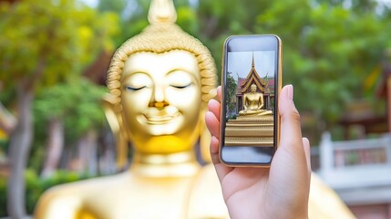 Person Taking Photo of Buddha Statue with Smartphone