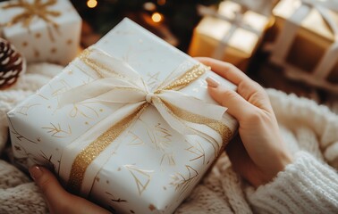 Wall Mural - woman's hand pulling a ribbon from a wrapped gift, with white and gold colors in a cozy home : Generative AI