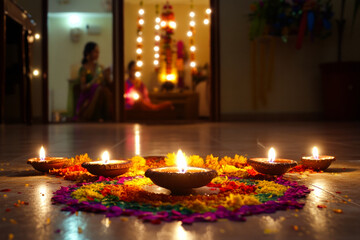 Celebrating Diwali with traditional diyas and vibrant decorations in a festive home setting during the evening celebration