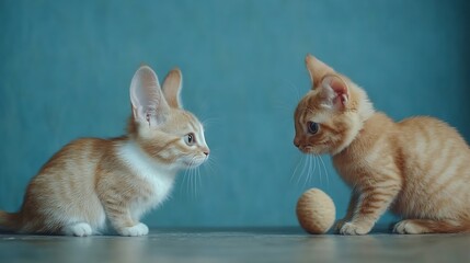 Poster - Ginger cat and rabbit playing together Happy red pets isolated on blue : Generative AI