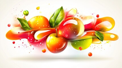 Canvas Print - A vibrant, abstract illustration of colorful fruits with splashes and leaves.