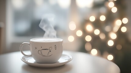 Aufkleber - A cup of hot coffee with steam stands on a white table in a festively decorated cafe. : Generative AI