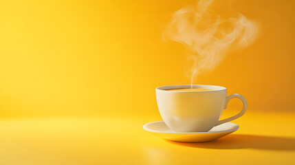 Poster - A cup of coffee on a yellow background with steam rising from the top