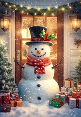 Poster - A snowman with a top hat and scarf stands in front of the door : Generative AI