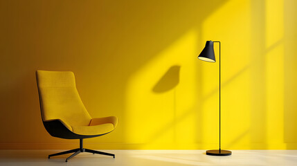 Sticker - A yellow room with a yellow chair, a black floor lamp on a black base, and a black lamp shade on the floor