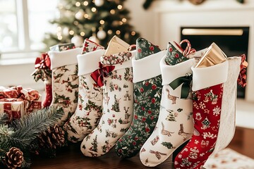 Poster - Christmas stockings lying on their sides on the table, filled with gifts : Generative AI