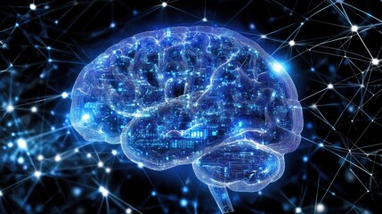 Poster - Abstract artificial intelligence visualization with blue glowing circuits and data streams, symbolizing the future of AI.