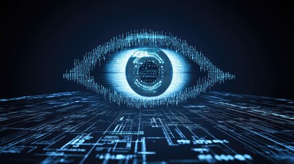Poster - Abstract digital eye immersed in streams of data within a tech tunnel, glowing with neon blue lights. Cybersecurity and AI theme.