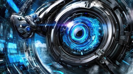 Poster - Abstract digital eye immersed in streams of data within a tech tunnel, glowing with neon blue lights. Cybersecurity and AI theme.