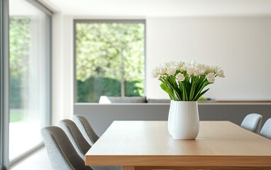 Elegant vase with flowers on a wooden dining table in modern interior.