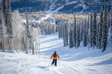 A skier dynamically descends a ski slope.