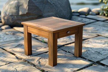 Wooden outdoor table on stone patio with rocks and greenery in background during daylight