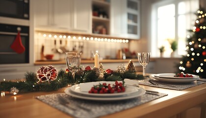 Wall Mural - Christmas table in perspective, in a kitchen with Christmas decorations : Generative AI