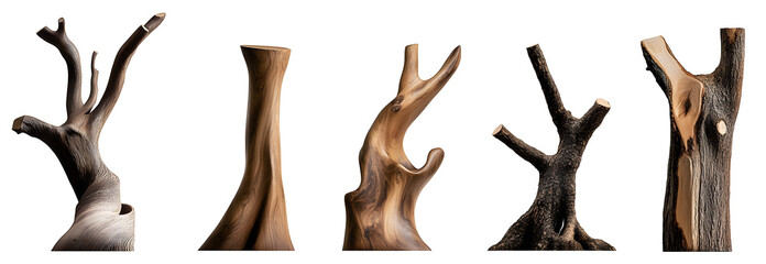 Set of modern decorative natural wood tree sculptures isolated on transparent background. 