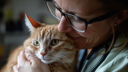 Poster - Portrait vet and woman with animals clinic and care with help care and support with a smile charity work and empathy Face female person or veterinarian with a cat bulldog and medical t : Generative AI