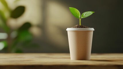 Small green plant sprouting from biodegradable pot on wooden table.