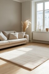 Stylish living room featuring a cozy sofa and a soft striped rug complemented by natural light from large windows.