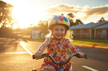 a young girl wearing an helmet, sitting on her tricycle in the schoolyard of a suburban neighborhood