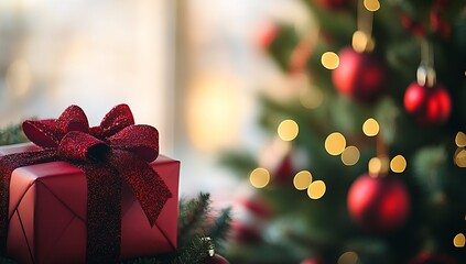 Poster - Christmas present box with a bow on a decorated tree against a blurred background. : Generative AI