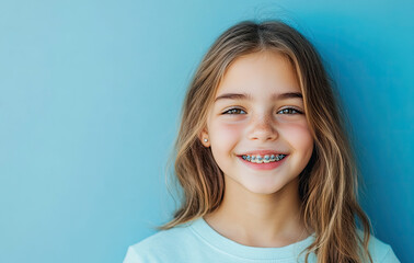a close-up portrait of an adorable young girl with braces, smiling for the camera against a vibrant 