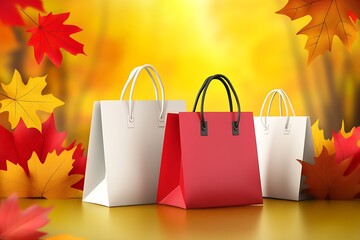 Shopping bags autumn background with 3d red and yellow fall leaves. : Generative AI