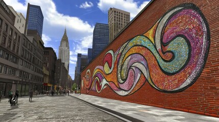 Wall Mural - Colorful mural on a brick wall in an urban setting with skyscrapers in the background.