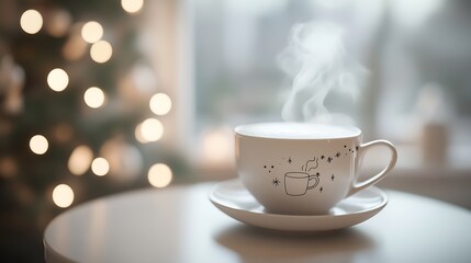 Aufkleber - A cup of hot coffee with steam stands on a white table in a festively decorated cafe. : Generative AI
