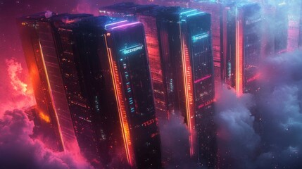 Sticker - Futuristic skyscrapers illuminated in neon colors, surrounded by vibrant clouds.