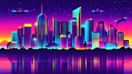 Wall Mural - A vibrant, futuristic cityscape with neon colors and flying drones reflected in water.