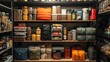 © julio - Organized pantry filled with food supplies and storage containers.