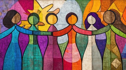 A colorful mural depicting diverse women holding hands in unity.