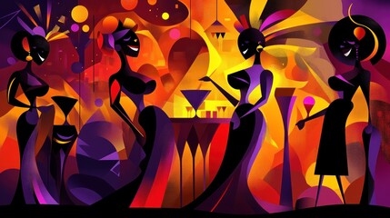 Wall Mural - Abstract depiction of four women in vibrant colors, celebrating culture and community.