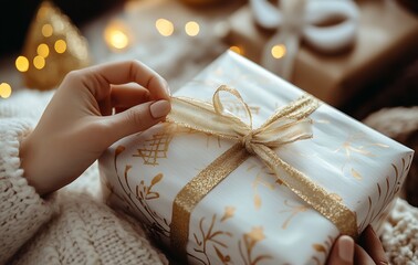Poster - woman's hand pulling a ribbon from a wrapped gift, with white and gold colors in a cozy home : Generative AI