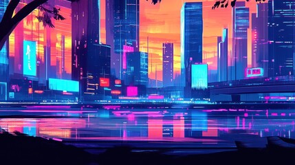 Wall Mural - A vibrant cityscape at sunset with neon lights reflecting on water.